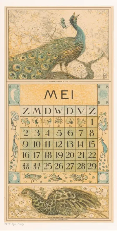 Kalenderblad mei met pauw
