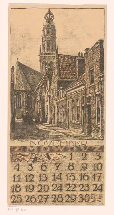 Kalenderblad november met stadsgezicht in Haarlem