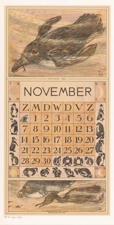 Kalenderblad november met zwemmende pinguïn