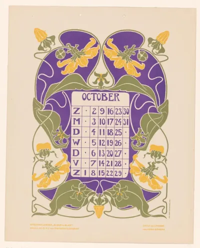 Kalenderblad oktober met bloemen, mogelijk kamperfoelie of clematis