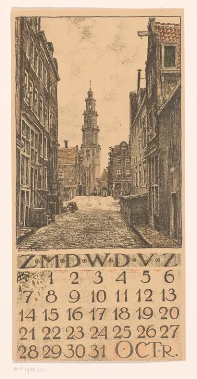 Kalenderblad oktober met stadsgezicht in Amsterdam