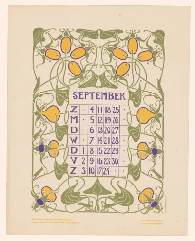 Kalenderblad september met bloemen of fruit