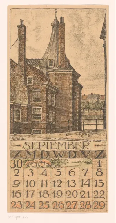 Kalenderblad september met stadsgezicht in Den Haag