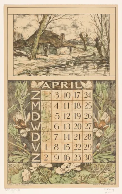 Kalenderblad voor april 1921 van de Nederlandsche Gist- en Spiritusfabriek in Delft