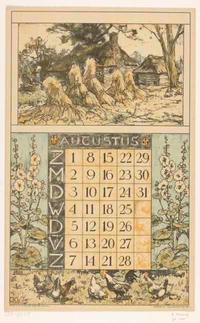 Kalenderblad voor augustus 1920 van de Nederlandsche Gist- en Spiritusfabriek in Delft