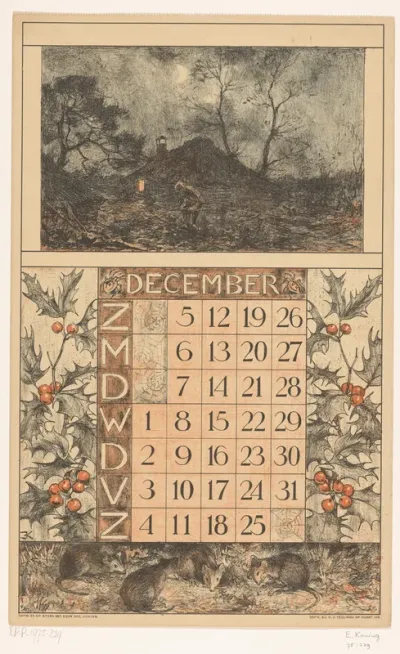 Kalenderblad voor december 1920 van de Nederlandsche Gist- en Spiritusfabriek in Delft