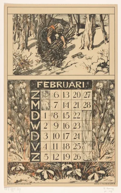 Kalenderblad voor februari 1921 van de Nederlandsche Gist- en Spiritusfabriek in Delft