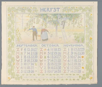 Kalenderblad voor herfst 1904 van de Verzekering-Maatschappij Holda in Amsterdam