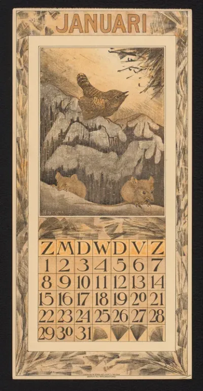 Kalenderblad voor januari 1911 met winterkoning en muizen