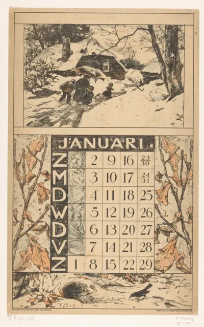 Kalenderblad voor januari 1921 van de Nederlandsche Gist- en Spiritusfabriek in Delft