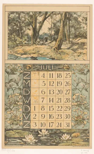 Kalenderblad voor juli 1920 van de Nederlandsche Gist- en Spiritusfabriek in Delft