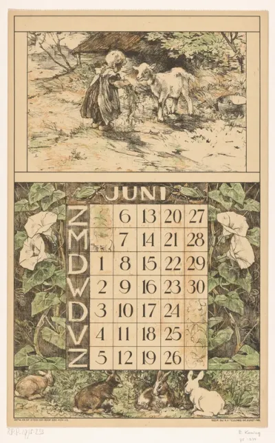 Kalenderblad voor juni 1920 van de Nederlandsche Gist- en Spiritusfabriek in Delft
