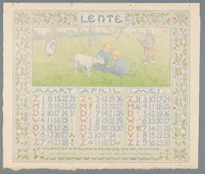 Kalenderblad voor lente 1904 van de Verzekering-Maatschappij Holda in Amsterdam