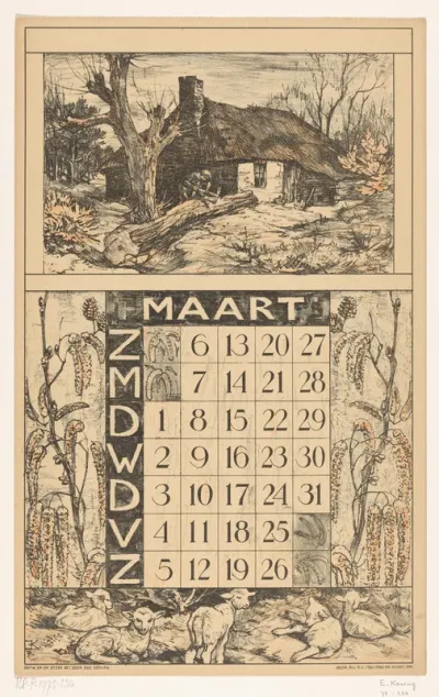 Kalenderblad voor maart 1921 van de Nederlandsche Gist- en Spiritusfabriek in Delft