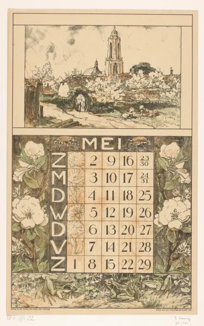 Kalenderblad voor mei 1920 van de Nederlandsche Gist- en Spiritusfabriek in Delft