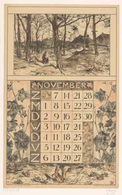 Kalenderblad voor november 1920 van de Nederlandsche Gist- en Spiritusfabriek in Delft