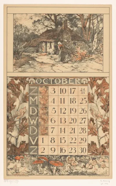 Kalenderblad voor oktober 1920 van de Nederlandsche Gist- en Spiritusfabriek in Delft