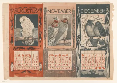 Kalenderbladen van augustus, november en december, met vogels