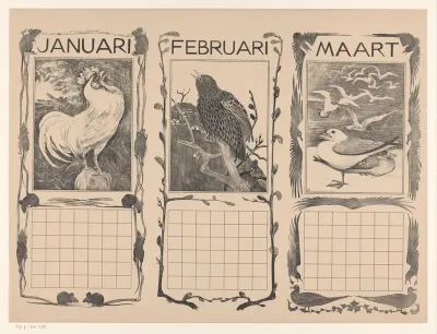Kalenderbladen van januari, februari en maart, met vogels