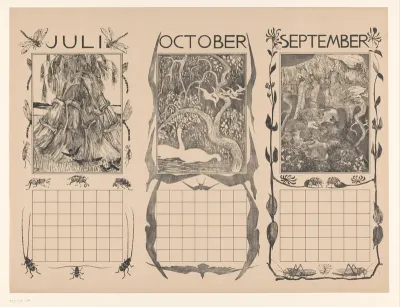Kalenderbladen van juli, oktober en september, met korenschoven, zwanen en konijnen