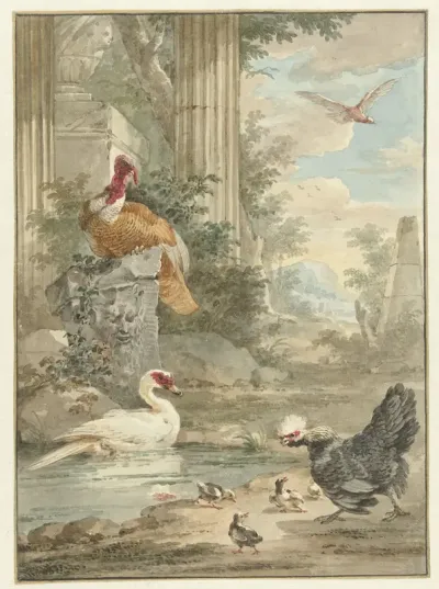 Kalkoen en andere vogels bij klassieke ruïnes in een park