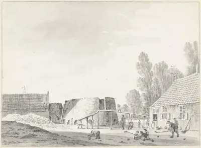 Kalkovens bij Hillegom met op de voorgrond kolfspelers