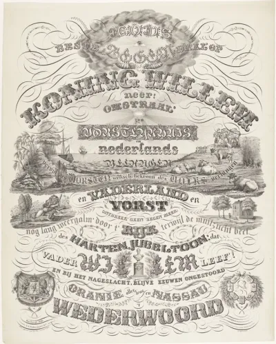 Kalligrafische allegorie op het 25-jarige regeringsjubileum van koning Willem, I, 1838