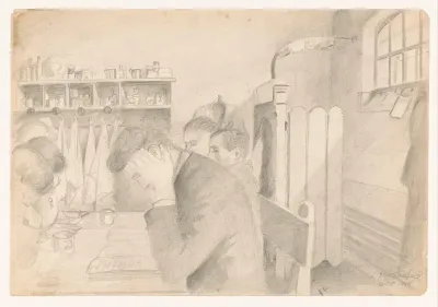 Kamer in de gevangenis met lezende mensen aan een tafel, 1942