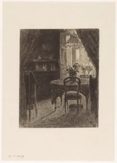 Kamerinterieur met tafel en stoel voor het raam