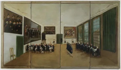 Kamerscherm met interieur van de krijgsraadkamer in het Doelengebouw.
