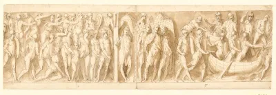 Kamp mellem romere og sarmatere; Marcus Aurelius taler med to ledsagere uden for lejren; indskibning og afsejling