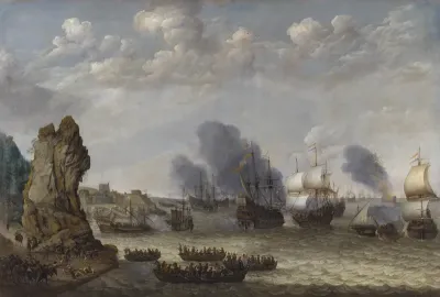 Kamp ved en kyst mellem spaniere og hollændere, der gør landgang