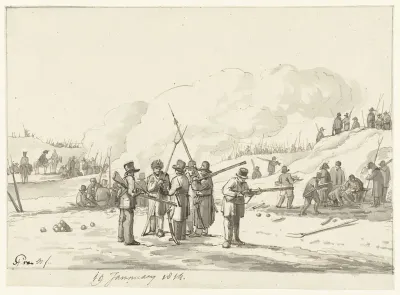 Kampement van burgers in duinen van Noord-Holland, 19 januari 1814