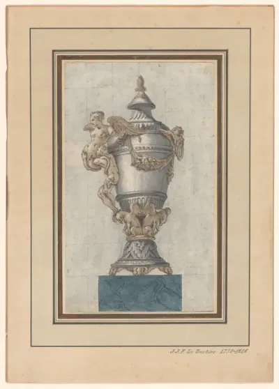 Kan, vermoedelijk van gedeeltelijk verguld zilver, op een marmeren sokkel