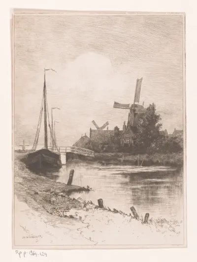 Kanaal met molens en zeilboot