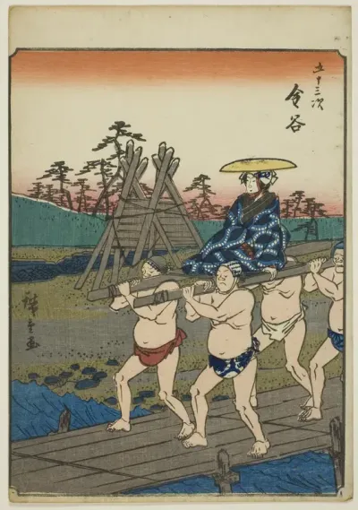 Kanaya, from the series "Fifty-three Stations [of the Tokaido] (Gojusan tsugi)," also known as the Figure Tokaido (Jinbutsu Tokaido)