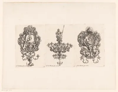 Kandelaars en kroonluchter met Minerva en keizer