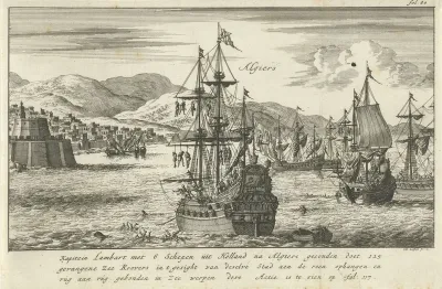 Kapitein Lambert Hendriks laat Noord-Afrikaanse kapers aan ra’s ophangen en van boord gooien, ca. 1619