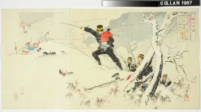 Kapteeni Higuchi pelastaa kiinalaislapsen lumesta. Kohtaus Japanin ja Kiinan välisestä sodasta (1894-95)