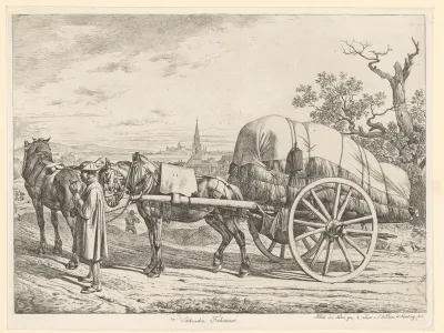 Kar met hooi getrokken door twee paarden en rustende koetsier die een pijp rookt