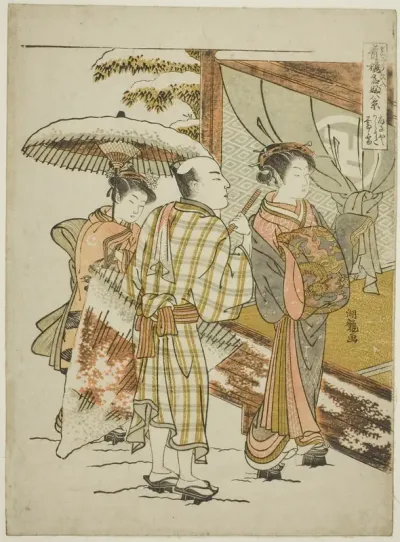 Karauta of the Ogiya in Evening Snow (Ogiya Karauta bosetsu), from the series "Eight Views of Famous Beauties of the Pleasure Quarters (Seiro meifu hakkei)"
