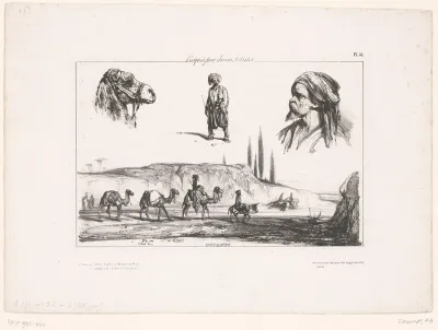 Karavaan, kop van een kameel en studies van oosterse figuren