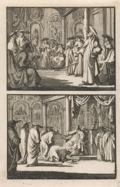 Kardinaal Montalto richt zich na tot paus gekozen te zijn op en werpt zijn stokje weg / Kardinalen kussen de voet van paus Sixtus V