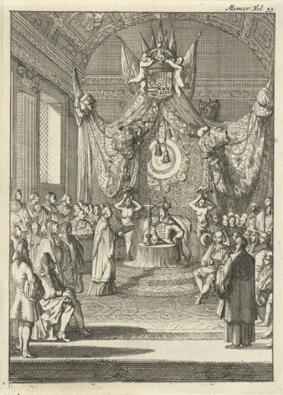 Karel II, koning van Spanje, luistert op zijn troon naar de voorwaarden van de vrede te Nijmegen