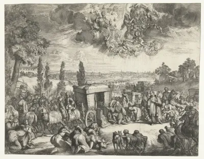 Karel II van Spanje knielend bij een koets