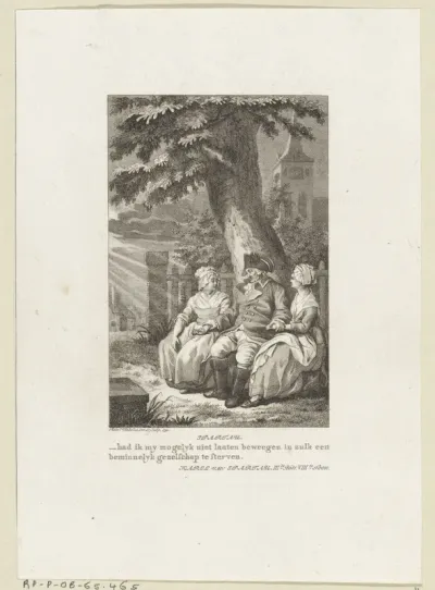 Karel van Spartau zit tussen twee dames onder een boom