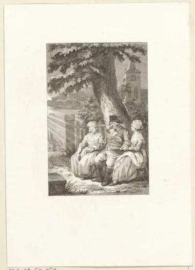 Karel van Spartau zit tussen twee dames onder een boom
