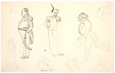Karikatur af Frederik VII og andre, bl.a. Grundtvig, sandsynligvis Orla Lehmann m.fl.