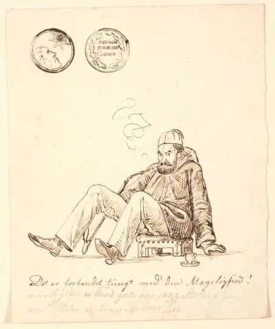 Karikatur af Johan Thomas Lundbye med fez, lang pibe og kaffekop, siddende paa en orientalsk skammel. Foroven medalje med inskriptionen "Møddingen stinker verst i soelskin" og forneden humoristisk indskrift.