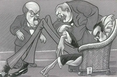 Karikatur av Halfdan Christensen, Amandus Schibsted og Vilhelm A. W. Krag